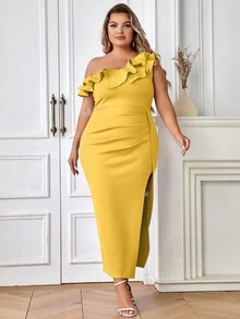 Hơn Một bờ vai Viền Ruffle Xù Tách đùi Đầm - Màu vàng - Xem 3