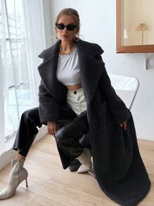 Chiquease Lapel Neck Dual Pocket Teddy Coat - Dark Grey - View 6