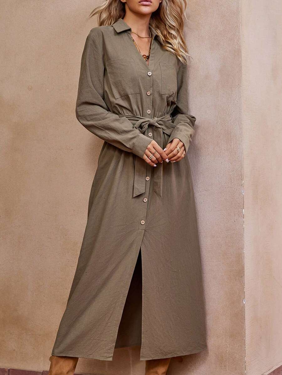 SHEIN LUNE Button Front Shirt Dress Without Belt - Army Green - View 1
