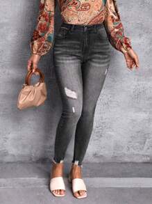 SHEIN LUNE 高腰破洞毛邊緣緊身牛仔褲 - 深灰色 - 查看 1