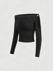 SHEIN MOD Off Shoulder Ruched Tee - Black - View 2
