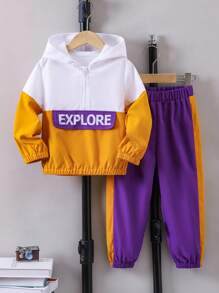 SHEIN 男小童字母圖案撞色連帽衫和運動褲 - 彩色 - 查看 1