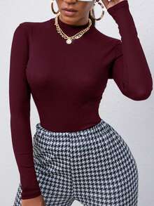 SHEIN Essnce Solid Mock Neck Ruched Side Tee - Burgundy - View 3