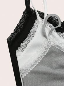 SHEIN Unity 3 piezas Top de tirantes con encaje en contraste fruncido - Multicolor - Ver 3