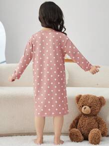 SHEIN 女小童波卡圓點&卡通圖案睡衣套裝 - 粉色 - 查看 2