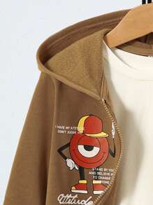 SHEIN 男大童寬鬆學院風連帽衛衣帶常規肩膀和圖案 - 卡其色 - 查看 4