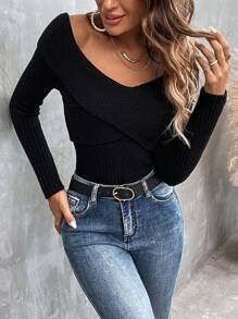 SHEIN Essnce 素色條紋針織交叉圍裹條紋針織套頭毛衣 - 黑色 - 查看 6