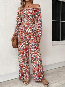 SHEIN VCAY Allover Floral Print Off Shoulder Crop Top & Wide Leg Pants - Multicolor - View 3