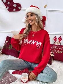 SHEIN LUNE Letter Graphic Drop Shoulder Sweatshirt - Red - View 4