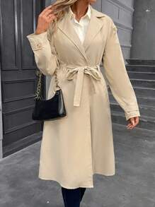 SHEIN Frenchy 西裝領落肩袖腰帶風衣外套 - 駝色 - 查看 4