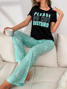 Slogan Graphic Tee & Pants PJ Set / Pajama Set - Multicolor - View 3