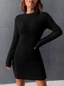 SHEIN MOD 素色緊身毛衣洋裝 - 黑色 - 查看 4