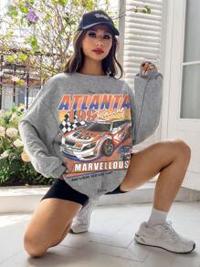 SHEIN EZwear Europe And America Style Loose Fit Round Neck Women's Sweatshirt With Racing Print - Light Grey - View 3