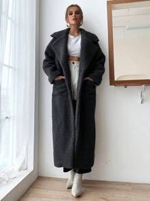 Chiquease Lapel Neck Dual Pocket Teddy Coat - Dark Grey - View 4