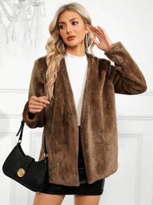 SHEIN Clasi Solid Belted Fuzzy Coat - Khaki - View 5