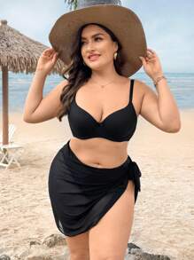 Swim Vcay Summer Beach Plus Solid Sheer Wrap Knot Side Cover Up Skirt Without Bikini Bottom - Black - View 4