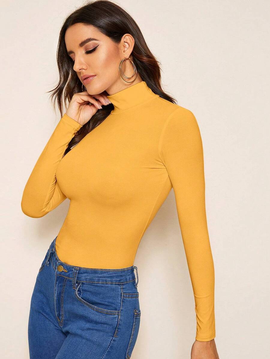 SHEIN Essnce Solid Mock Neck Slim Tee - Ginger - View 1
