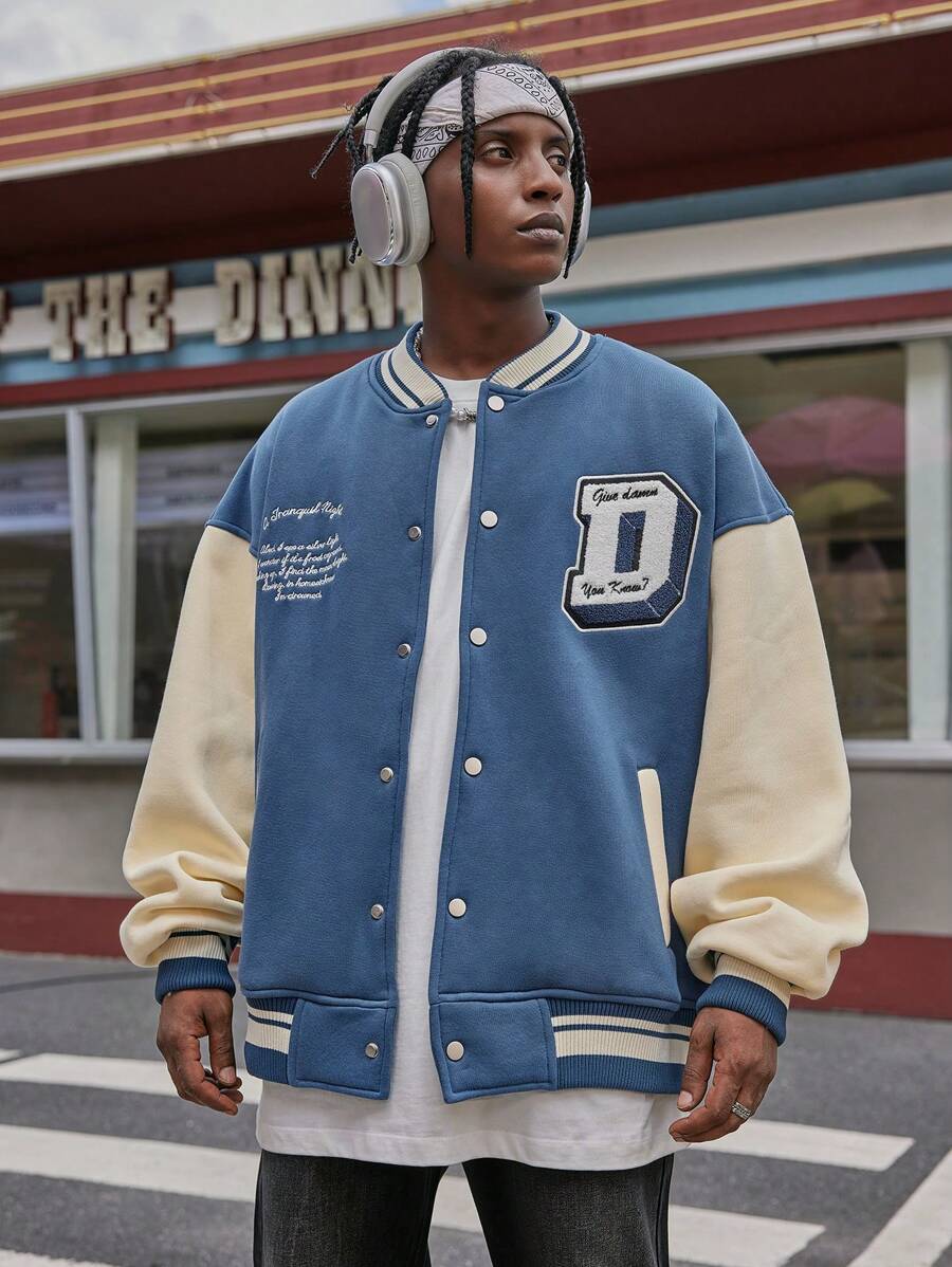 1 pieza Cazadora de universidad con bordado de slogan con diseño de parche de letra de dos tonos vintage - Neblina azul - Ver 1