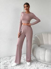 EURMUSE Women's Solid Color Crew Neck Long Sleeve Cropped T-Shirt And Pants Casual 2-Piece Set - Brown - View 5