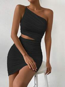 Allurite 單肩鏤空褶邊緊身洋裝 - 黑色 - 查看 10