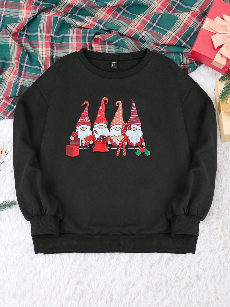 SHEIN Essnce 聖誕圖案落肩袖運動衫 - 黑色 - 查看 1