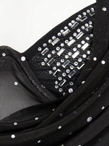 SHEIN SXY 亮片裝飾垂領短款網紗上衣 - 黑色 - 查看 5