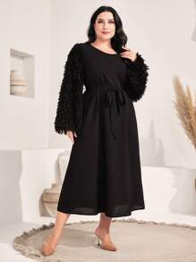 Al Najma Plus Fuzzy Bell Sleeve Belted Dress - Black - View 4