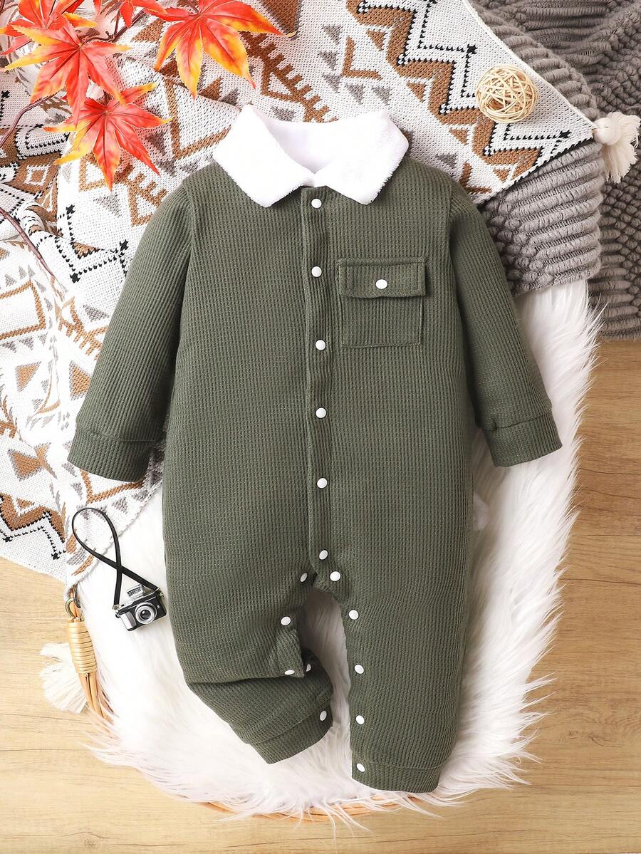 男嬰翻蓋口袋前紐扣拼接領連身褲 - 綠色 - 查看 1