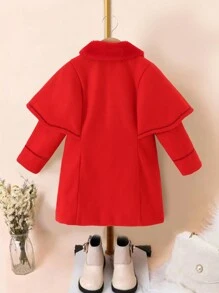 SHEIN Young Girl Borg Collar Overcoat - Red - View 2