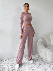 EURMUSE Women's Solid Color Crew Neck Long Sleeve Cropped T-Shirt And Pants Casual 2-Piece Set - Brown - View 3