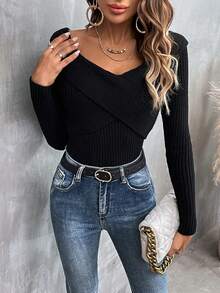 SHEIN Essnce 素色條紋針織交叉圍裹條紋針織套頭毛衣 - 黑色 - 查看 4