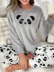 Conjunto de pijama panda con bordado de hombros caídos de franela - Blanco - Ver 3