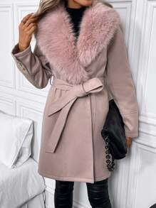 SHEIN Clasi Fuzzy Collar Belted Overcoat - Khaki - View 5