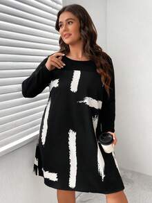 SHEIN LUNE 大尺碼女款印花拼布連身裙 - 黑色 - 查看 3