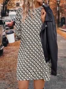 SHEIN LUNE 印花灯笼袖束腰连衣裙，休闲款 - 卡其色 - 查看 3