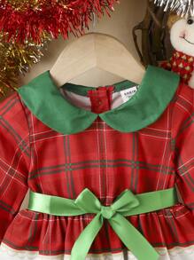 Baby Girl Christmas Print Peter Pan Collar Contrast Mesh Hem Belted Dress - Multicolor - View 6