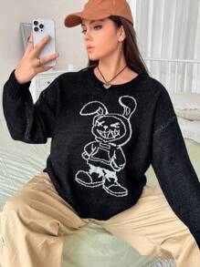 Flirla Plus Cartoon Pattern Drop Shoulder Sweater