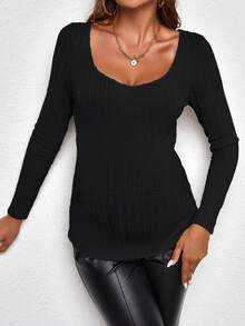 SHEIN 孕婦雞心領口條紋針織T恤 - 黑色 - 查看 4