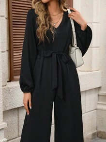 SHEIN LUNE 燈籠袖腰帶闊腿連體褲 - 黑色 - 查看 5