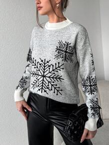 EURMUSE Pullover mit Schneeflocken Muster, Drop Shoulder - Schwarz und Weiss - Übersicht 3
