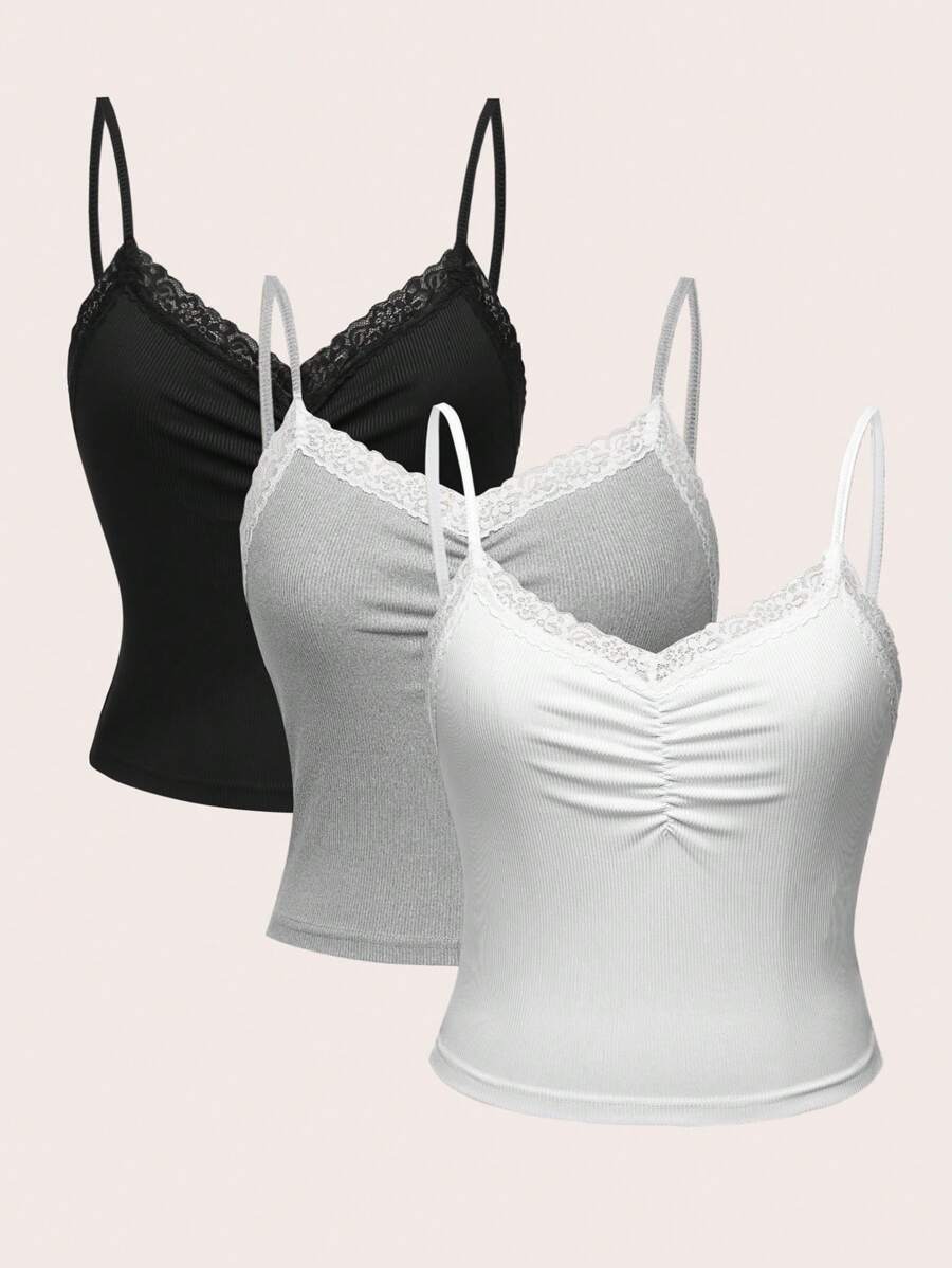 SHEIN Unity 3pcs Contrast Lace Ruched Cami Top - Multicolor - View 1