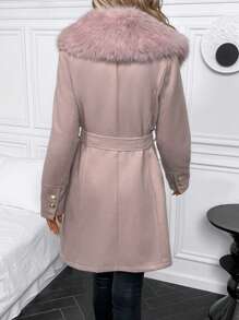SHEIN Clasi Fuzzy Collar Belted Overcoat - Khaki - View 2