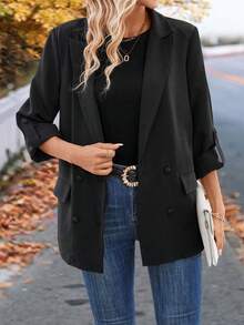 SHEIN LUNE Tay áo cuộn Đôi ngực Áo vest - màu đen - Xem 3