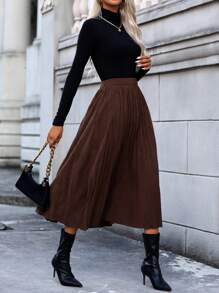 SHEIN Essnce 素色百褶半身裙 - 咖啡棕 - 查看 3