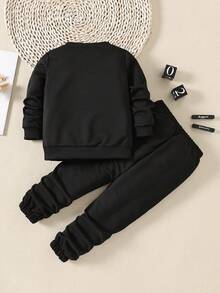 SHEIN 男小童字母圖案衛衣和衛褲 - 黑色 - 查看 2