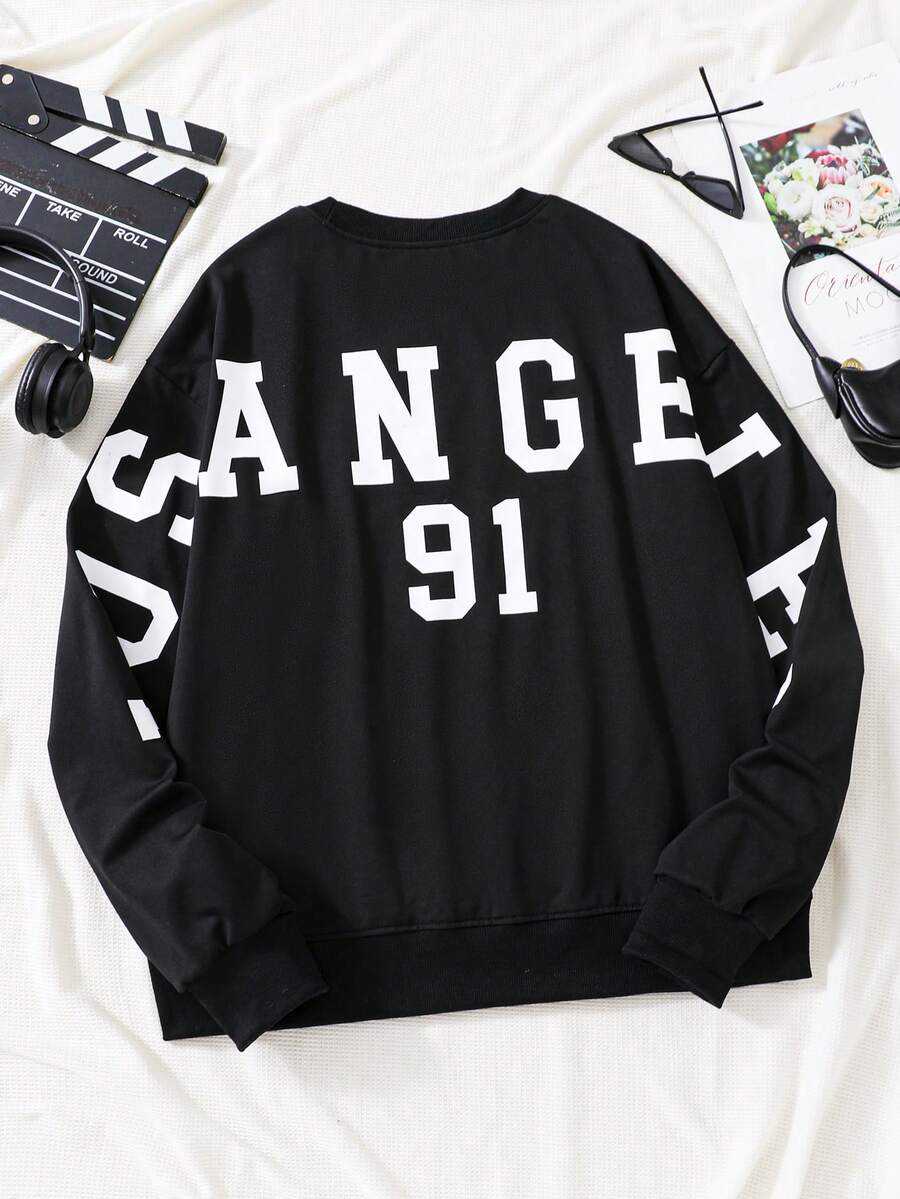 Teen Girl Letter Graphic Drop Shoulder Sweatshirt - Black - View 1