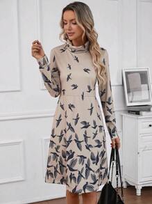 EMERY ROSE Bird Print Funnel Neck Dress - Multicolor - View 4