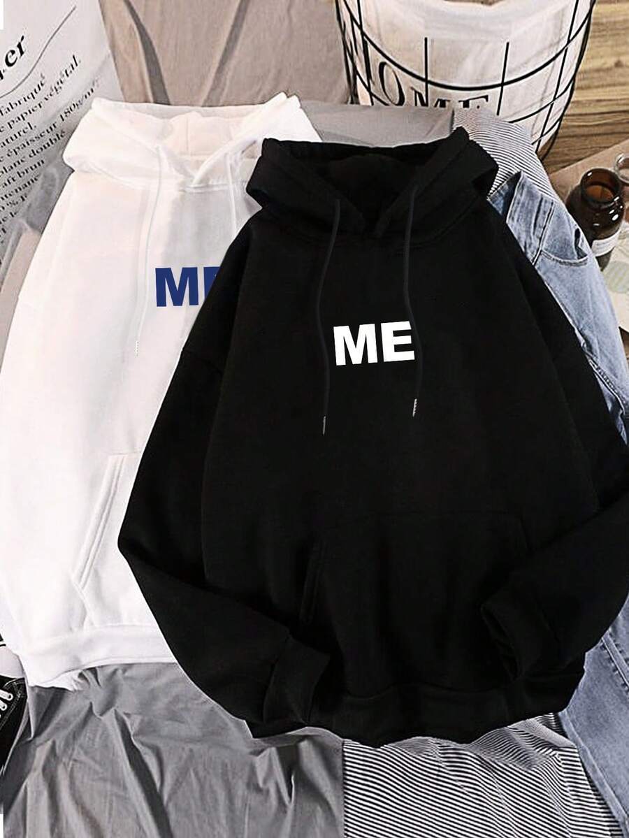 Manfinity Hypemode 鬆身男士2入組保暖連帽衛衣,帶字印花、袋鼠口袋和束帶 - 黑與白 - 查看 1