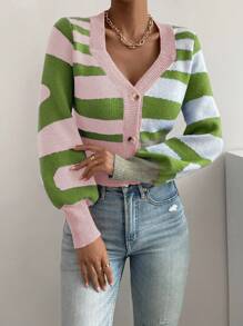 SHEIN LUNE Cárdigan de color combinado de manga farol