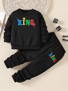 SHEIN 男小童字母圖案衛衣和衛褲 - 黑色 - 查看 1